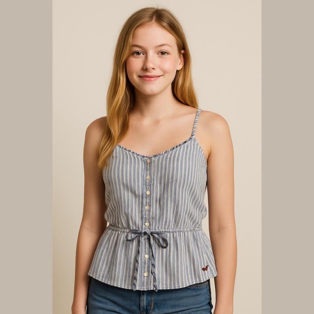 Hollister Blue and White Striped Camisole Tank Top Size M Adjustable Straps Tie